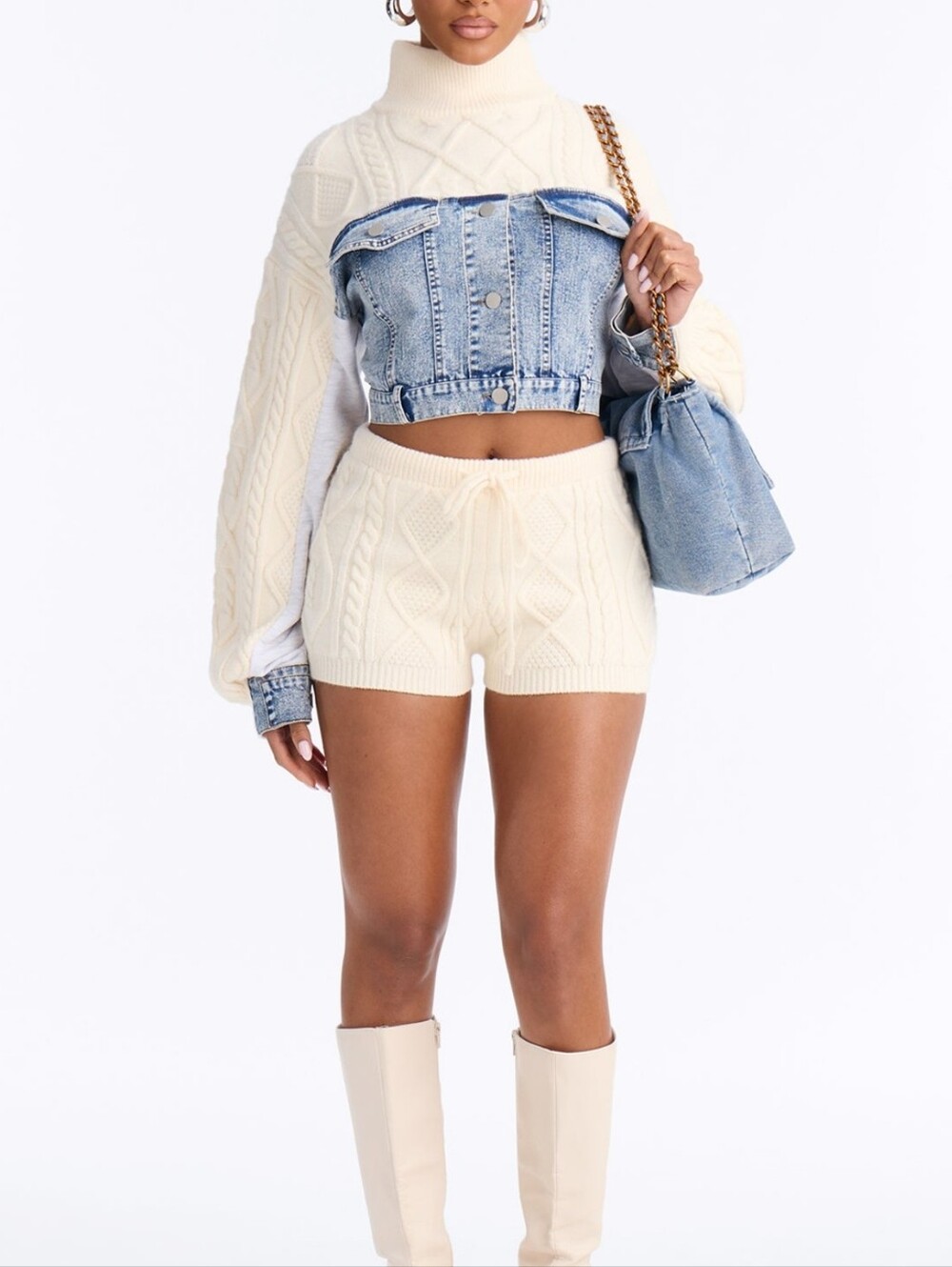 Contrast Sweater Short Set Cream/combo